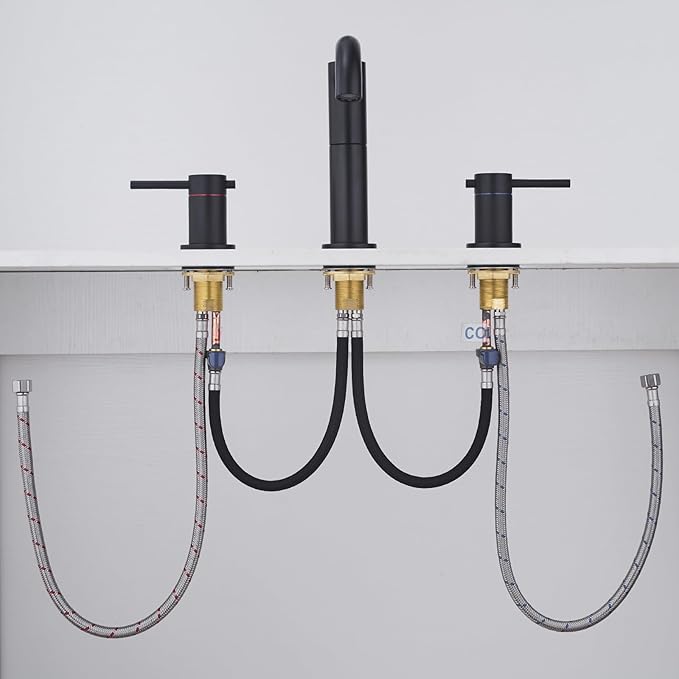Black Bathroom Faucet 3-Hole, 2-Handle 8 Inch Widespread Matte Black Bathroom Sink Faucet with 360° Swivel Crossing Spout, with Metal Overflow Drain & cUPC Waterline