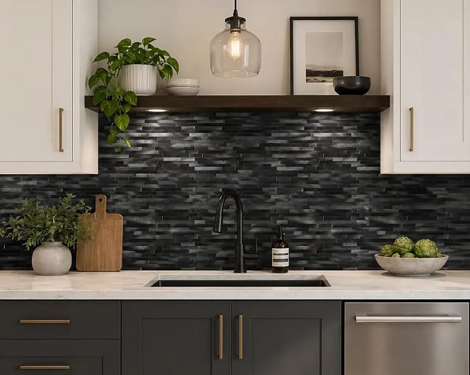 Peel and Stick Backsplash Linear Tile for Kitchen, Self Adhesive Brushed Aluminum Stick on Wall Tiles for Bathroom Fireplace (6 Sheets, Pewter)