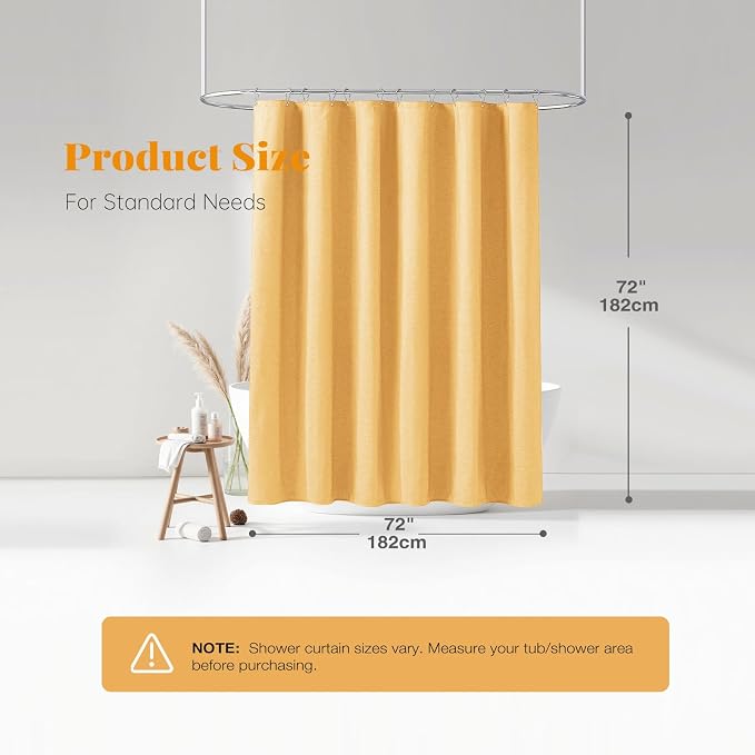 Gold Linen Textured Waterproof Thick Fabric Shower Curtain Set, 72x72 | 230GSM Polyester, Heavy Duty Cloth, Weighted Hem, 12 Plastic Hooks, Modern Hotel Style, Machine Washable, Bathroom Decor