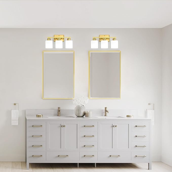 WILON 3-Light Brushed Gold Bathroom Lighting Fixtures Over Mirror, Modern Vanity Light with Milk White Glass Shades, Antique Brass Wall Lamp with E26 Bases