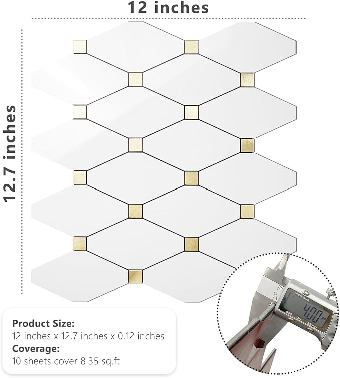 STICKGOO 10 Sheets Peel and Stick Backsplash, Glossy White | PVC Mixed Metal Gold Kitchen Backsplash, Waterproof, Stick on Wall Tiles, For Kitchen, Bathroom, RV