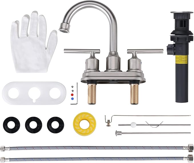 WOWOW 4 Inch Bathroom Faucet 3 Hole Brushed Nickel Bathroom Sink Faucet Centeret Basin Faucet 2 Handle RV Sink Tap Modern Vanity Taps with Drain and Hose