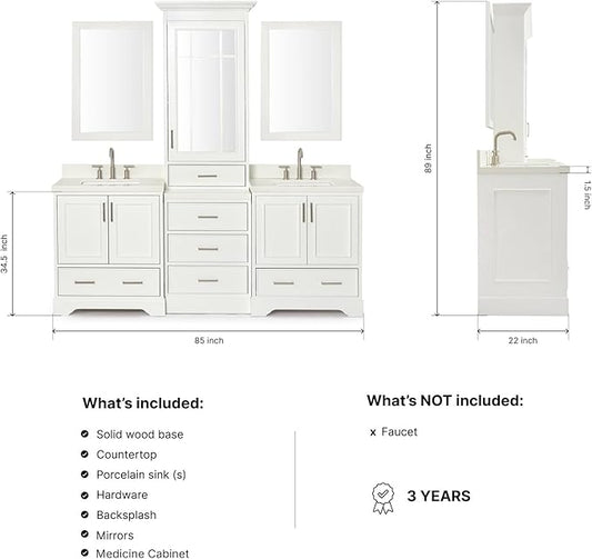 ARIEL Stafford 84-inch Bathroom Vanity with Sink,Solid Wood, 1.5-inch Pure White Quartz Countertop & Backsplash, Double Rectangular Porcelain Sink, 5 Soft Closing Doors, 6 Dovetail Drawers, White