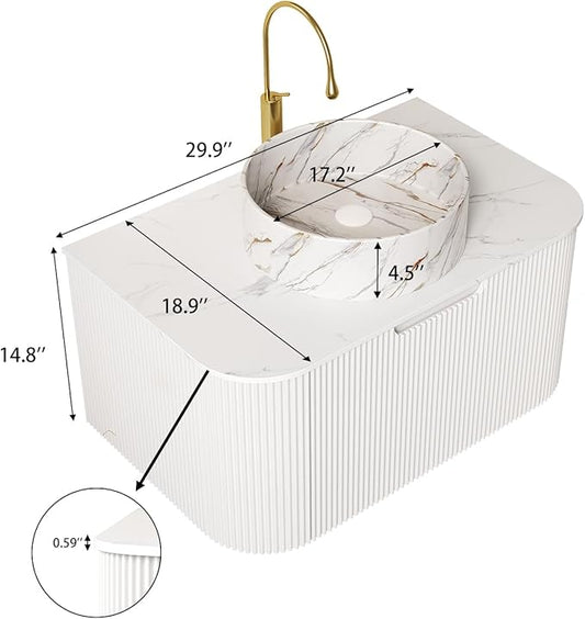 Yayzy 30" Floating Bathroom Vanity with Sink, Solid Wood Fluted Cabinet, White Marble-Patterned Ceramic Basin & Faux Marble Top, Soft-Close Drawer, Pre-Assembled, White