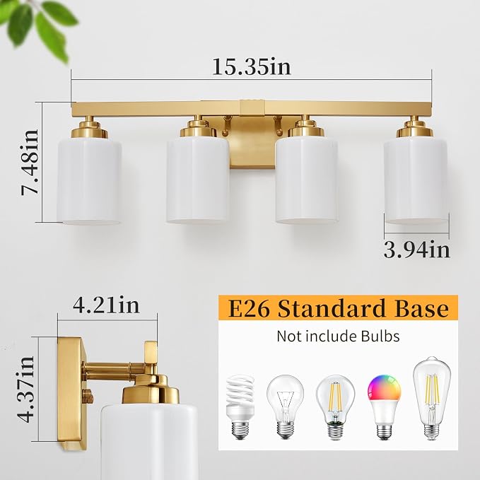 Bathroom Light Fixtures, Vanity Light Over Mirror Gold 4-Light Fixture | Modern bathroom vanity light fixture with metal frame, ideal for mirrors, bedrooms and hallways. Fits E26 bulbs.