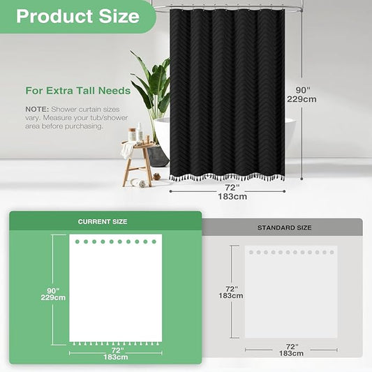 Dynamene Extra Long Shower Curtain and Liner Set - 90 inch Tall Boho Shower Curtain and Waterproof Clear Liner, Tufted Chevron Striped Tassel Shower Curtains for Bathroom, 12 Hooks, 72x90, Black