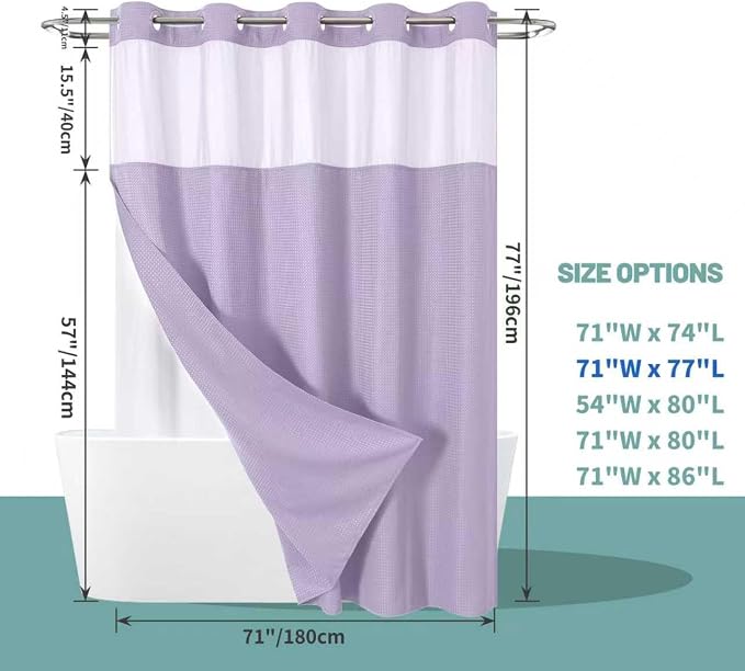 No Hook Waffle Shower Curtain with Snap-in Liner, 71x77 Inch, Lavender | 230 GSM waffle weave fabric, waterproof liner set with 2 bottom magnets, mesh top window, washable, for bathroom or hotel use