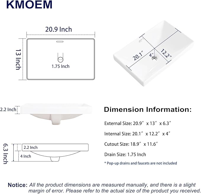 Semi Recessed Bathroom Sink 21"x13" Vessel Sink Drop-in White Porcelain Ceramic Modern Rectangular Sinks Basin Vanity Sinks with Overflow for Bathrooms