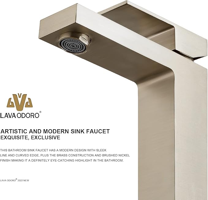 Single Hole Brushed Nickel Bathroom Faucet, BF307-BN | Modern Single Handle Bathroom Sink Faucet Vanity Faucet with Drain Assembly, Deck Plate Included