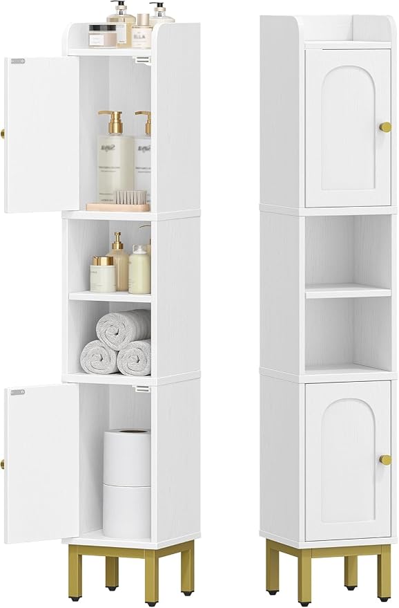 Hzuaneri Slim Bathroom Storage Cabinet, Narrow Bathroom Organizers,2 Doors | Narrow Bathroom Storage with 4 Adjustable Feet, Laundry Room Organization for Small Space,Kitchen, White BC22413G