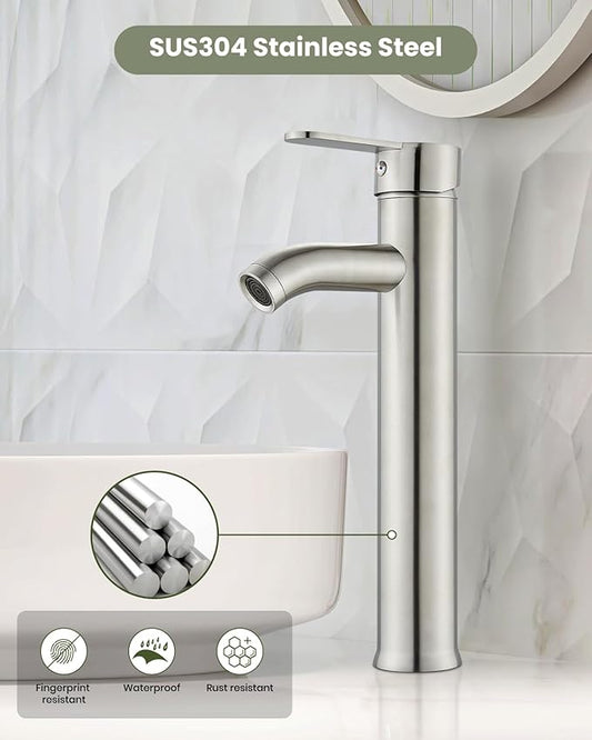 gotonovo Vessel Sink Faucet Modern Tall Bathroom Faucet Single Handle One Hole Stainless Steel Vanity Lavatory Rv Bowl Basin Mixer Tap with Supply Lines and Metal Pop Up Drain, Brushed Nickel