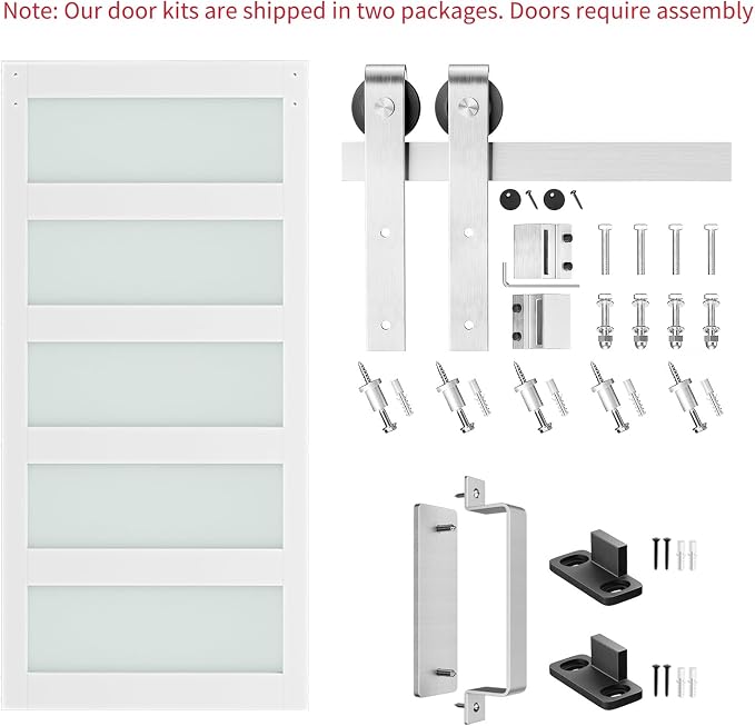 SMARTSTANDARD 42 x 84 in Glass Barn Door with 7FT Silver Sliding Hardware | Brushed Nickel Sliding Hardware Kit & Handle, Pre-Drilled Ready to Assemble, Waterproof PVC Coating, White, 5-Panel Glass