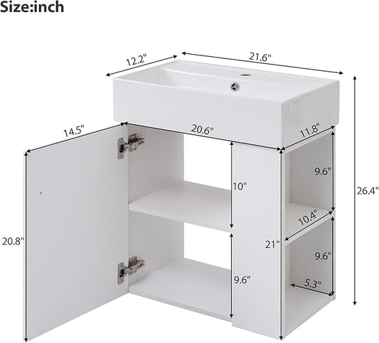 BNSPLY 22 Inch Floating Bathroom Vanity with Sink, Wall Mounted Bathroom Vanity Cabinet with Ceramic Sink, Modern Single Basin Vanities, Small Restroom Basin Cabinet with Right Side Storage, White