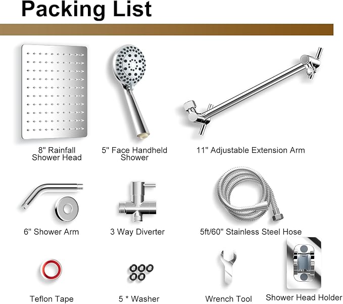 Shower Head with Handheld Spray, 8" High Pressure Rain Shower Head Combo with Adjustable Extension Arm, 5 Spray Modes Dual Showerhead Set, Detachable Handheld Shower, 304 Stainless Steel, Chrome