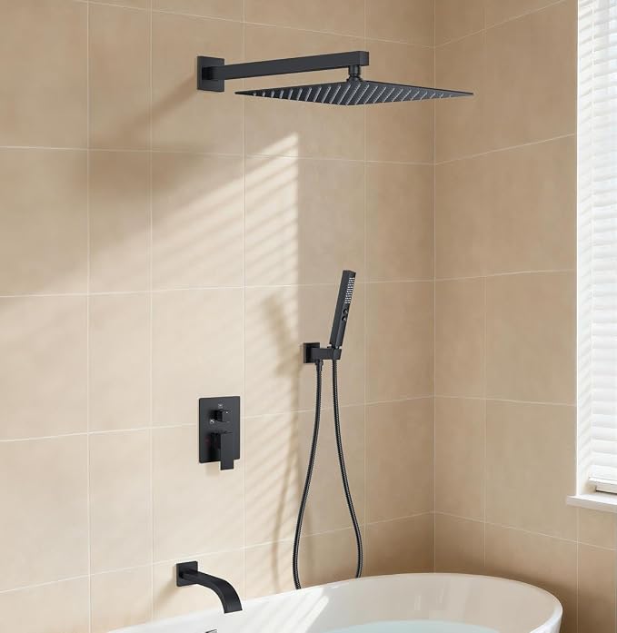 Shower System with Tub Spout, Wall Mounted Bathtub Shower Faucet Set, 12" Rainfall Shower Head and Handheld Shower Combo, High Pressure Shower Fixtures Set with Rough-in Valve, Matte Black