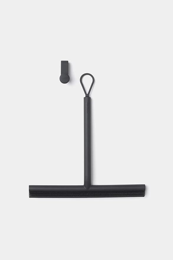 Brabantia Silicone Shower Squeegee with Hook (Dark Gray) Anti Streak Cleaning Wiper for Bathroom Glass, Plastic, Tile - Doublesided Brush & Rim Design