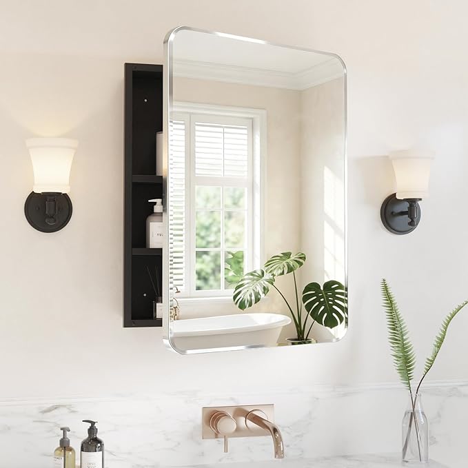Medicine Cabinet Mirror 20x28 Inch, Chrome Bathroom Mirror Cabinet with Stepless Adjustable Shelves, Stainless Steel Frame, Bathroom Mirror with Storage Recessed or Wall Mount