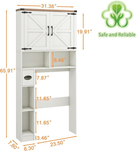 Vabches Over The Toilet Storage Cabinet, Farmhouse Storage Cabinet Over Toilet with 2 Barn Doors && Toilet Paper Holder Stand,Home Space-Saving Toilet Rack, for Laundry, Restroom, Bathroom