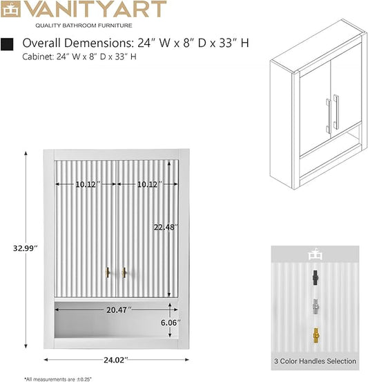 Vanity Art Vanity with Storage Cabinet & Shelves, Wall-Mount Vanity with Soft-Closing Doors, White, VA91-TC-W-MB,Matte Black Handles