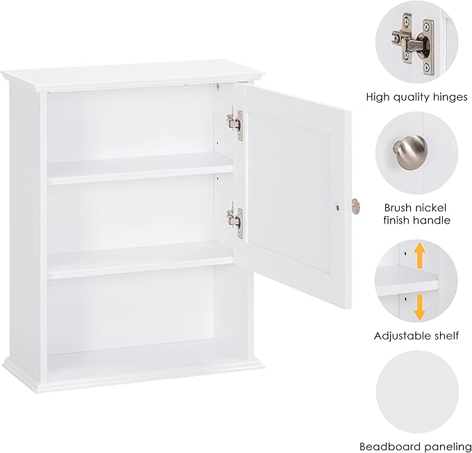 Spirich Bathroom Wall Cabinet Over Toilet, Small Medicine Cabinet, White | FSC-Certified Wood, Adjustable Shelf, Single Beadboard Door, Open Bottom Shelf, Compact Wall Storage for Bathroom or Kitchen