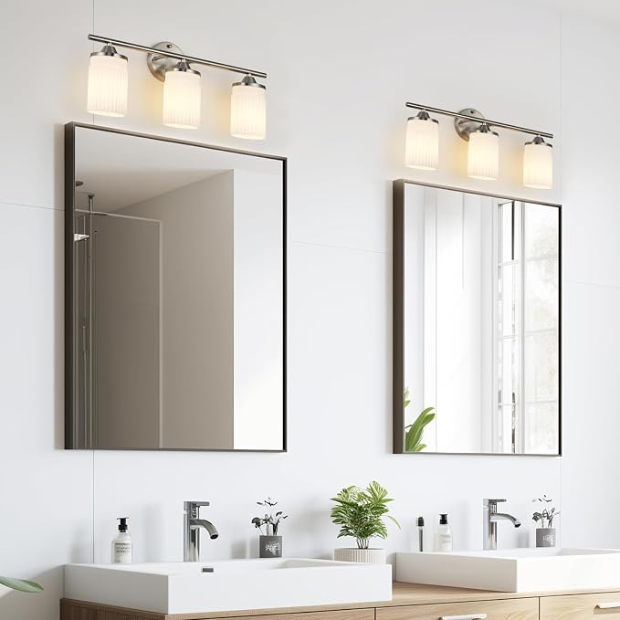 Jonsi Nickel Bathroom Light Fixtures 3-Light Vanity Lights Modern Wall Sconce with Milk White Shade Brushed Nickel Bathroom Light Fixture Over Mirror for Bedroom Hallway Kitchen