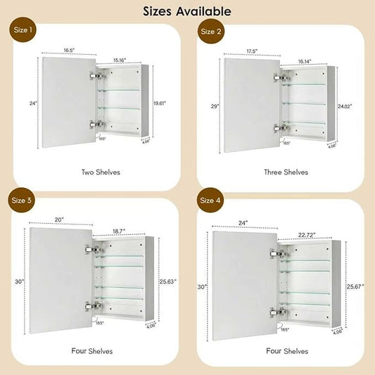 TEHOME 24'' x 30'' Chrome Recessed and Surface Mount Bathroom Medicine Cabinet with Mirror Square Cornered Metal Framed Rounded Rectangle Medicine Cabinet Mirror