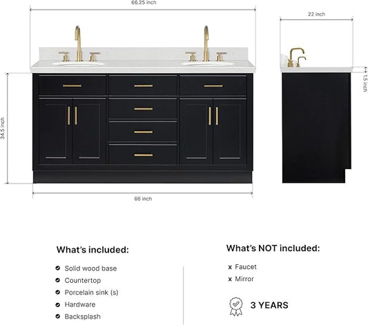 ARIEL Hepburn 66-inch Bathroom Vanity with Sink,Solid Wood, 1.5-inch Carrara White Quartz Countertop & Backsplash, Double Oval Porcelain Sink, 4 Soft Closing Doors, 6 Dovetail Drawers, Black