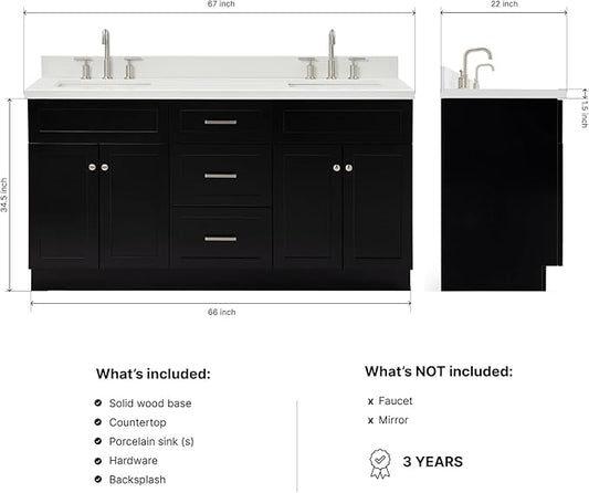 ARIEL Hamlet 66-inch Bathroom Vanity with Sink,Solid Wood, 1.5-inch Pure White Quartz Countertop & Backsplash, Double Rectangular Porcelain Sink, 4 Soft Closing Doors, 3 Dovetail Drawers, Black
