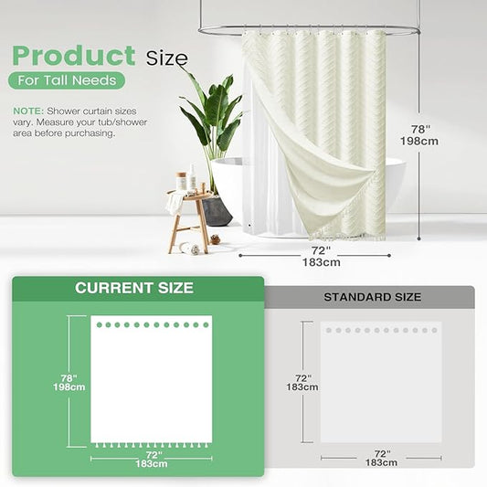 Dynamene Long Shower Curtain and Liner Set - 78 inch Tall Boho Shower Curtain and Waterproof Clear Liner, Tufted Chevron Striped Textured Tassel Shower Curtains for Bathroom, 12 Hooks, 72x78, Cream