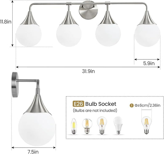 Bathroom Vanity Light Fixtures: 4 Lights Mid Century Modern Bathroom Lighting Fixtures Over Mirrors - Brushed Nickel Wall Sconce with Milky Glass Ball Shades for Bath Bedroom