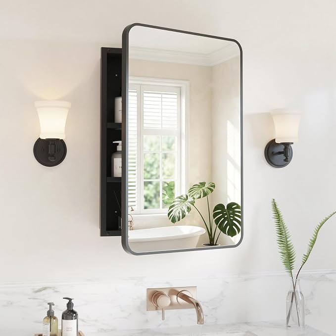Medicine Cabinet Mirror 17x25 Inch, Black Bathroom Mirror Cabinet with Stepless Adjustable Shelves, Rounded Rectangle Metal Framed, Bathroom Mirror with Storage Recessed or Wall Mount