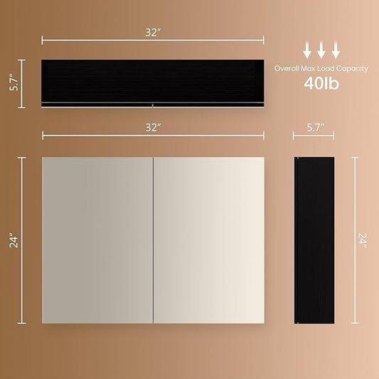 24x32 inch Bathroom Wall Cabinet, Saver Storage Cabinet, Medicine Cabinet with 2 Door and Adjustable Shelves, Black(Assembly Required)