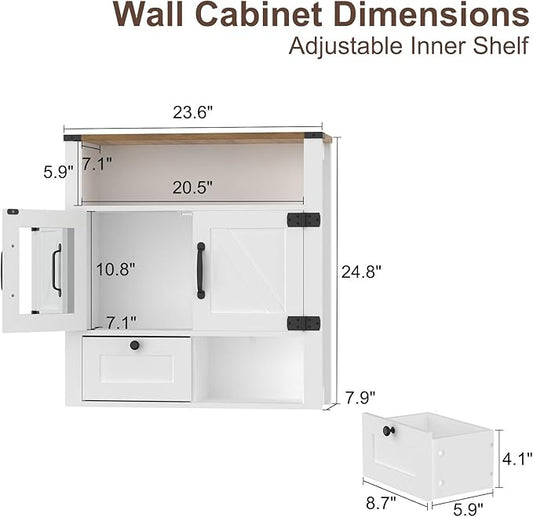 Bathroom Wall Cabinet, Farmhouse Medicine Cabinet with Mirror, Drawer, Barn Doors, Over The Toilet Storage Cabinets Wall Mounted for Bathroom Kitchen Laundry Entrance, Rustic