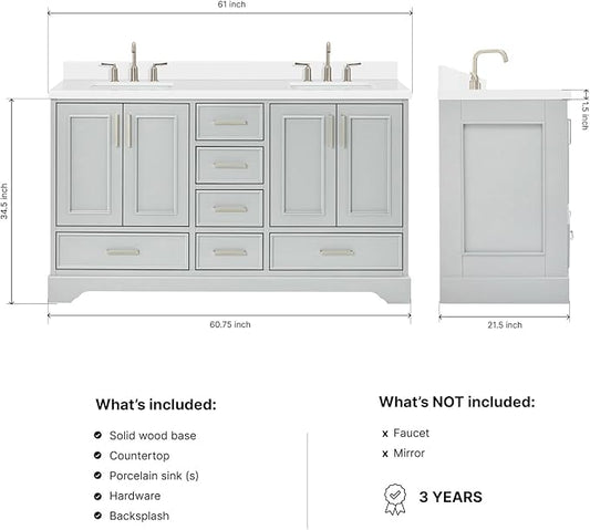 ARIEL Stafford 60-inch Bathroom Vanity with Sink,Solid Wood, 1.5-inch Pure White Quartz Countertop & Backsplash, Double Rectangular Porcelain Sink, 4 Soft Closing Doors, 6 Dovetail Drawers, Grey