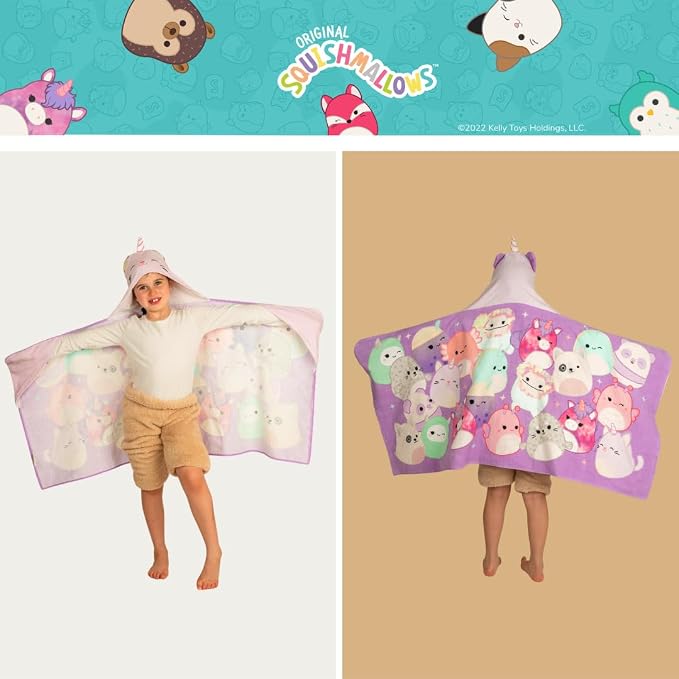 Squishmallows Kids Super Soft Bath/Pool/Beach Soft Cotton Terry Hooded Towel Wrap, 24 in x 50 in, (Officially Licensed Product) By Franco