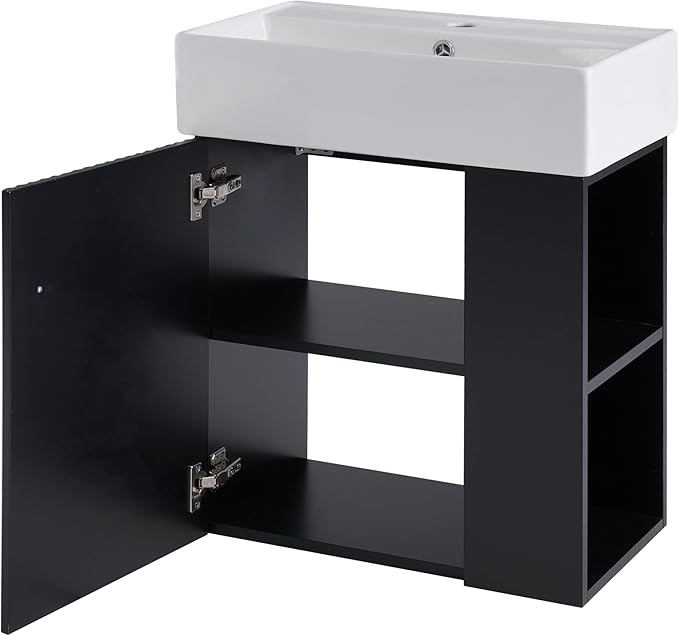 LUMISOL 21.6" Floating Bathroom Vanity with Sink, Wall Mounted Bathroom Vanity with Right Side Storage & Soft-Close Door, Small Bathroom Cabinet with Ceramic Sink, Black
