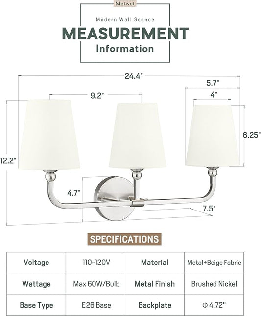 3-Light Bathroom Light Fixtures, Brushed Nickel Vanity Lights with Beige Fabric Shade, Modern Sconces Wall Lighting for Hallway Bedroom, Upward Lighting, VL837-BN-B-3