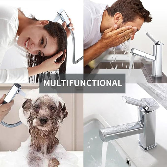 KAIYING Bathroom Sink Faucet with Pull Out Sprayer, Single Handle Basin Mixer Tap for Hot and Cold Water, Lavatory Pull Down Sink Faucet with Rotating Spout (Regular, Chrome)