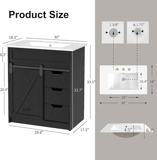 30" Bathroom Vanity with Sink, Bathroom Vanity Set with Sliding Barn Door & 3 Drawers, Freestanding Bathroom Vanities with Metal Handle, Farmhouse Bathroom Cabinet, Black