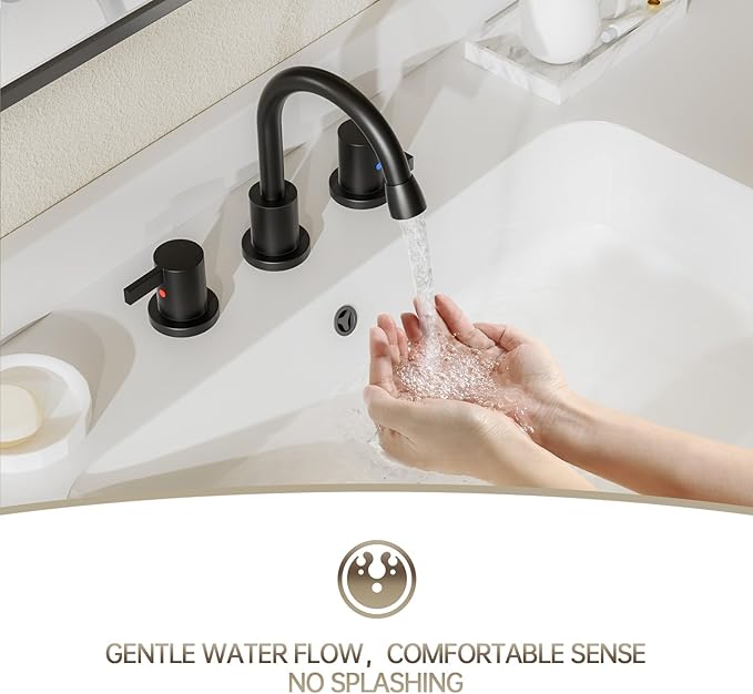 Phiestina Pull Down Sprayer Matte Black Widespread Bathroom Sink Faucet, 8 Inch 2 Handles 3 Hole Pull Out Bathroom Faucet,with Metal Pop-Up Drain and Water Supply Line,BF04012-K01-MB