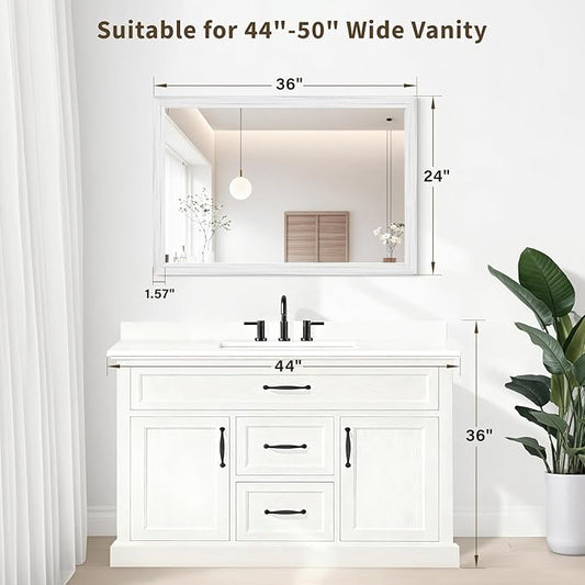 White Wood Effect Framed Wall Mirror, 24x36 Rectangle Mirror, Anti-desilvering Tempered Glass, Sustainable& Sturdy Frame, Anti-Rust, HD Reflection &3min Fast Setup for Bathroom Living Room