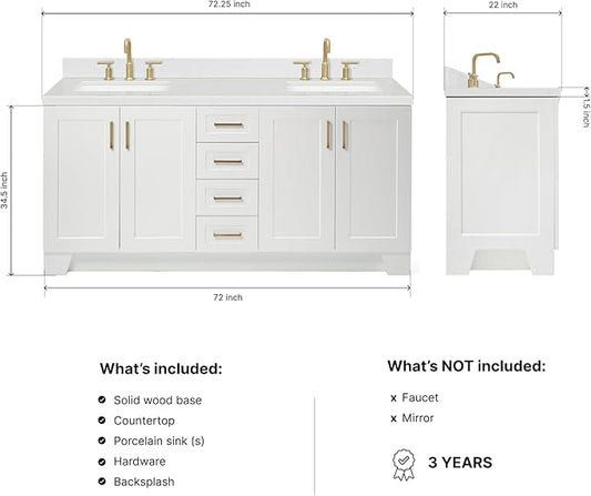 DKB Emilia 72 Inch Bathroom Vanity Double Sink — White Bathroom Vanity with Sink, 1.5" Edge Carrara White Quartz Countertop & Backsplash, 4 Soft-Close Doors, and 6 Dovetail Drawers