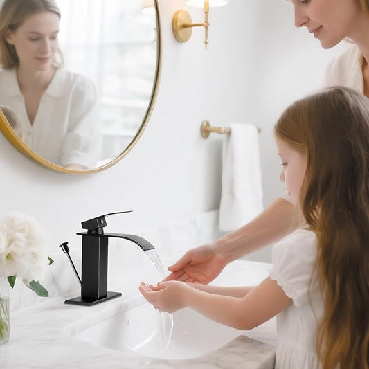 Matte Black Bathroom Faucet with Lift Rod Drain, Waterfall Bathroom Sink Faucet Modern Single Handle Bathroom Faucte 1 or 3 Hole, RV Mixer Tap Vanity Faucet Washbasin Faucet with Deck