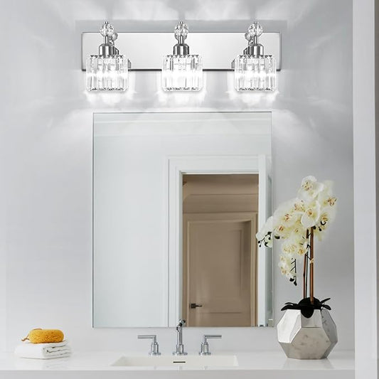 PRESDE Crystal 3-Light Vanity Light for Bathroom,Chrom Modern Bathroom Lights Fixtures Over Mirror