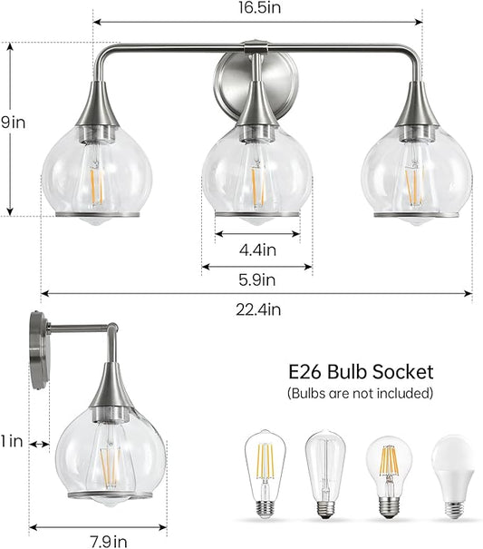 Brushed Nickel Bathroom Vanity Light 3 Lights Bathroom Light Fixtures Over Mirror with Clear Glass Shade 22.4 inch Wall Sconces Lighting Bath(Exclude E26 Bulb)