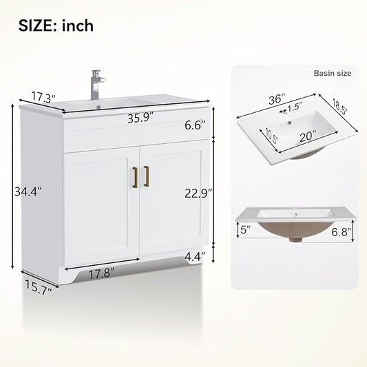 Bathroom Vanity, 36 Inch Bathroom Vanity with Sink, Freestanding Vanity with Sink and 2 Soft Closing Doors, Modern Bathroom Sink Cabinet (Paint, White, 36")