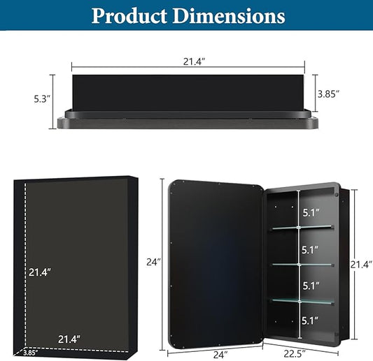 24’’x24’’ Medicine Cabinet,Metal Framed Medicine Cabinet Mirror with Round Corner,Recessed and Surface Mount Bathroom Mirror with Storage, Removeable Shelves,Dark Gray Frame
