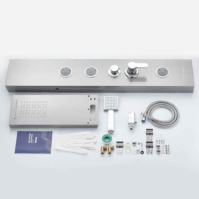 ROVATE 6-in-1 LED Rainfall Waterfall Shower Panel Tower System, Brushed | High Pressure Stainless Steel Shower Column with Tub Spout, 2-Setting Body Jets and Flexible Handheld, Water Flow Adjustable