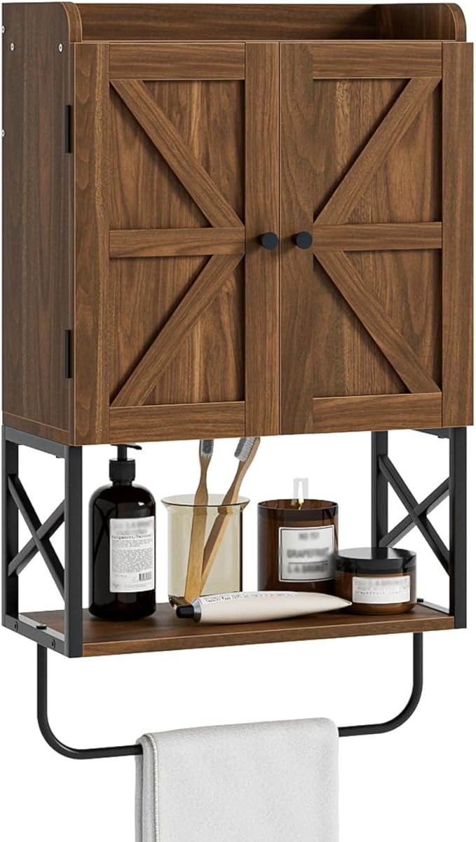 Masupu Bathroom Cabinet Wall Mounted, Wooden Medicine Cupboard with Adjustable Shelves, Space-Saving Wall Storage Unit for Bathroom, Kitchen and Living Room (9"D x 15.35"W x 27.16"H,Country Walnut)
