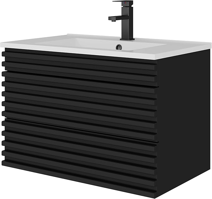 LUCKWIND 30" Floating Bathroom Vanity with Sink, Mid-Century Wall Mounted Big Drawer Cabinet with Large Sink, Water Saving Faucet and Wood Stripes Style, Black